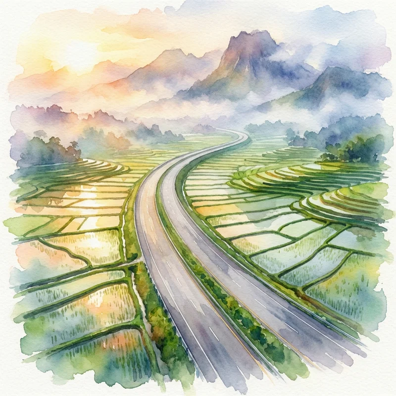 Indonesian toll road through rice terraces