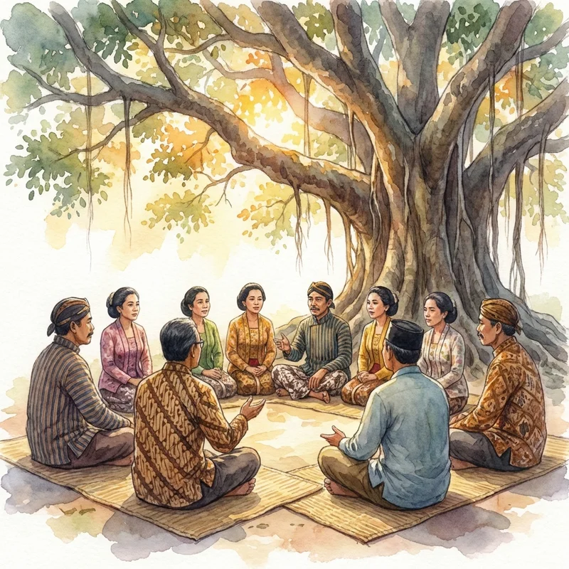 Community musyawarah gathering under banyan tree